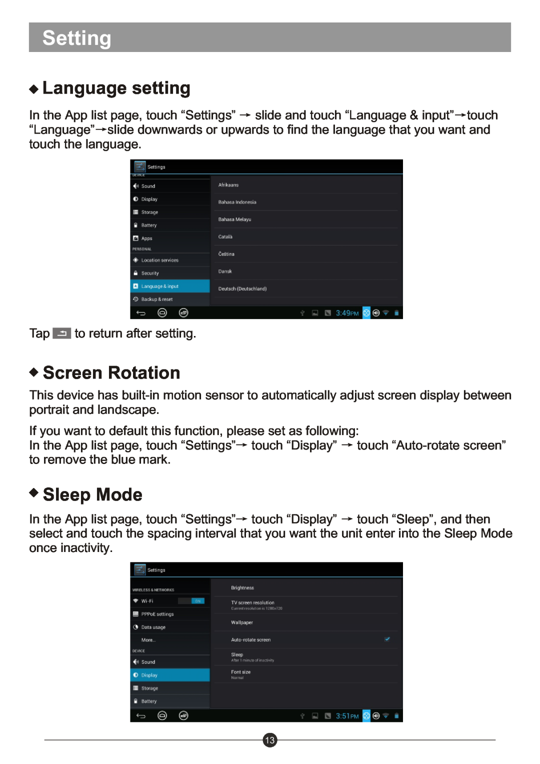 Sungale ID1019WTA user manual Language setting, Screen Rotation, Sleep Mode, Setting 