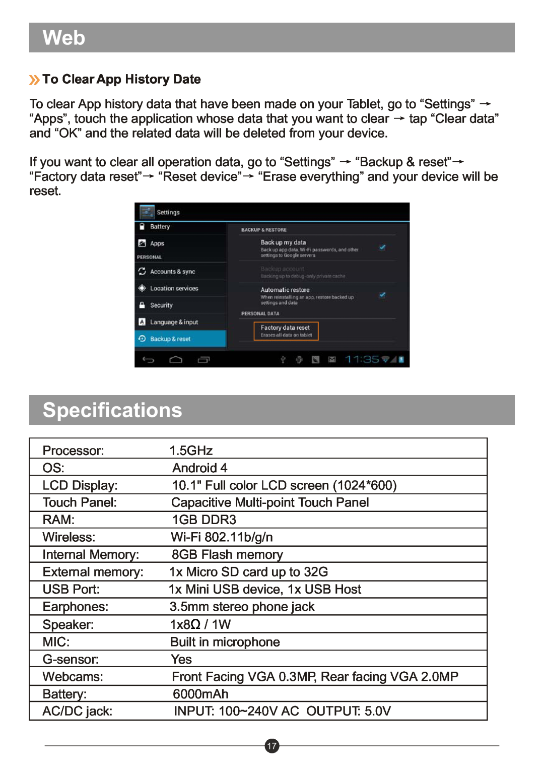 Sungale ID1019WTA user manual Specifications, To Clear App History Date 