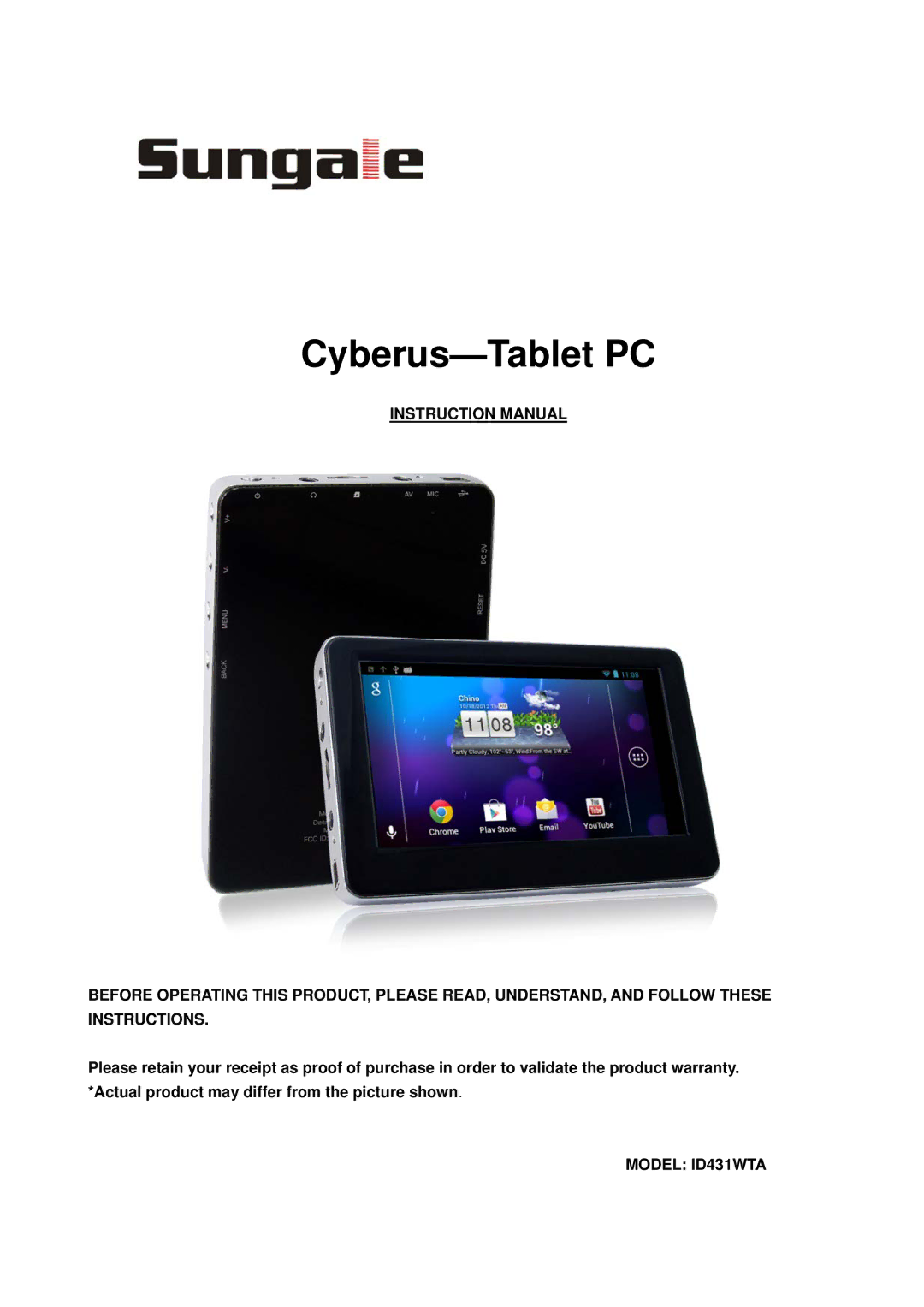 Sungale ID431WTA instruction manual Cyberus-Tablet PC 