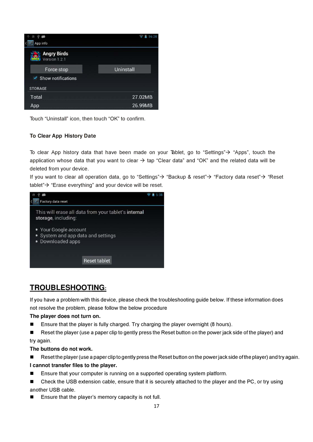 Sungale ID431WTA Troubleshooting, Player does not turn on, Buttons do not work, Cannot transfer files to the player 