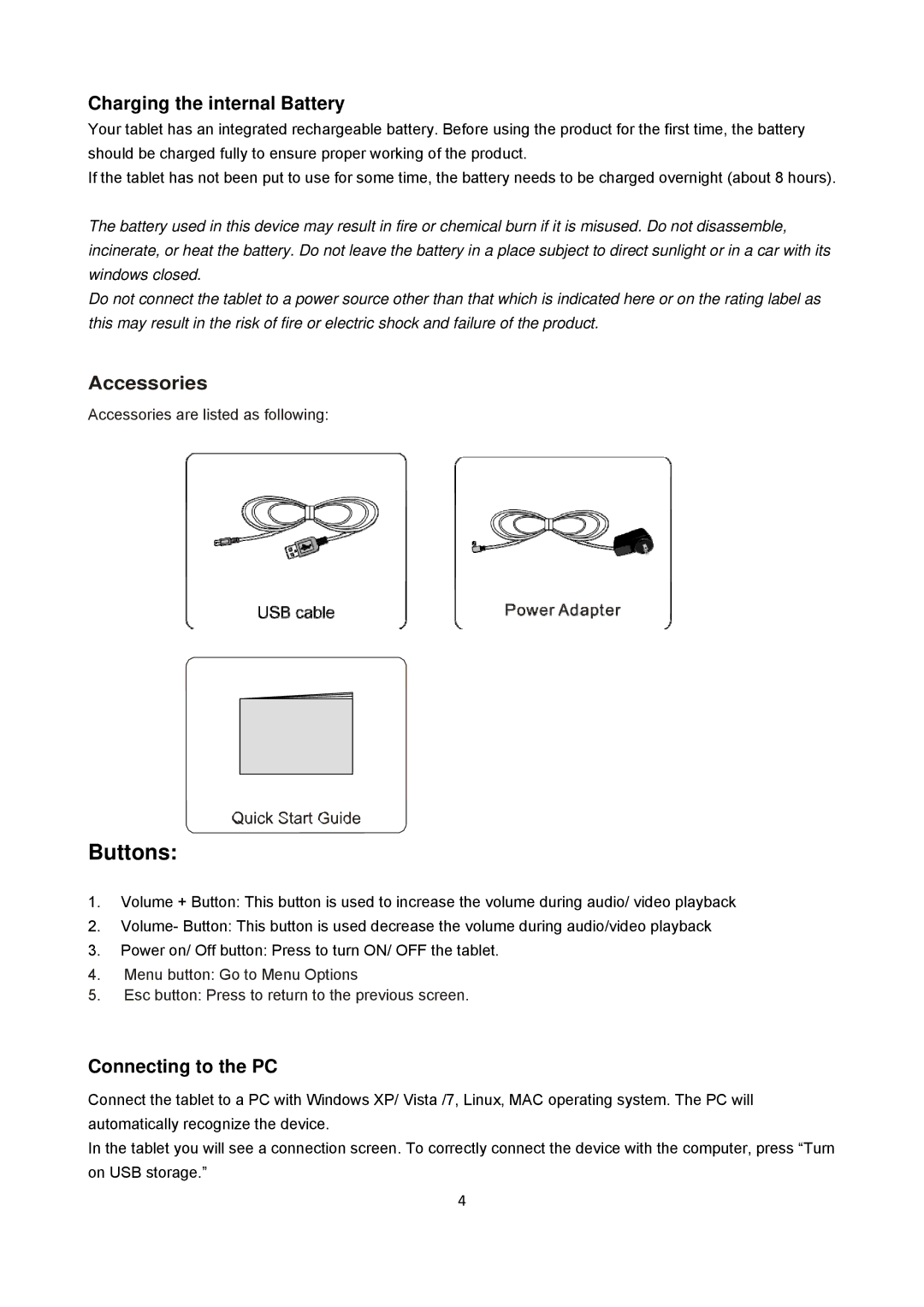 Sungale ID431WTA instruction manual Charging the internal Battery, Connecting to the PC 