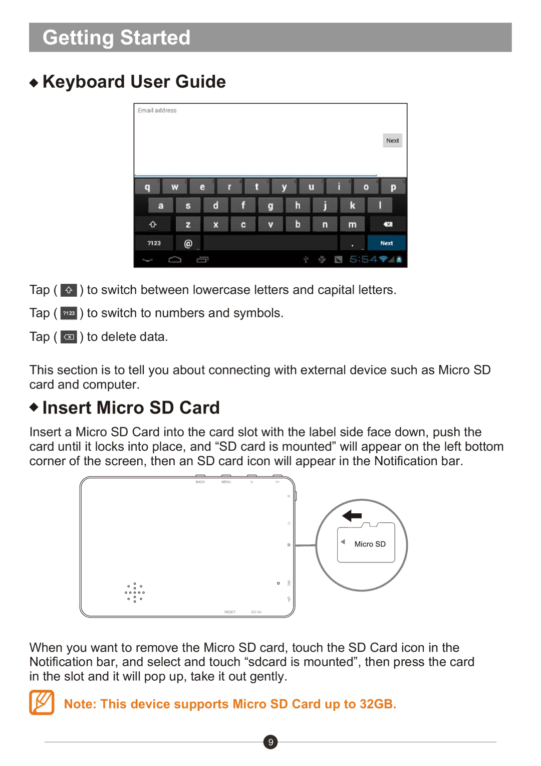 Sungale ID436WTA user manual Keyboard User Guide, Insert Micro SD Card 