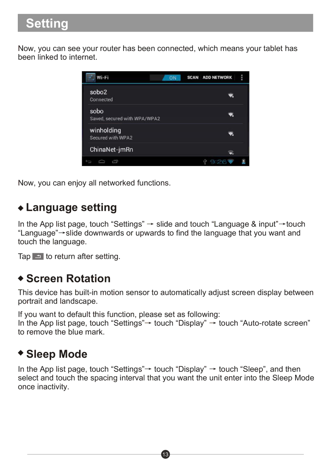 Sungale ID436WTA user manual Language setting, Screen Rotation, Sleep Mode 