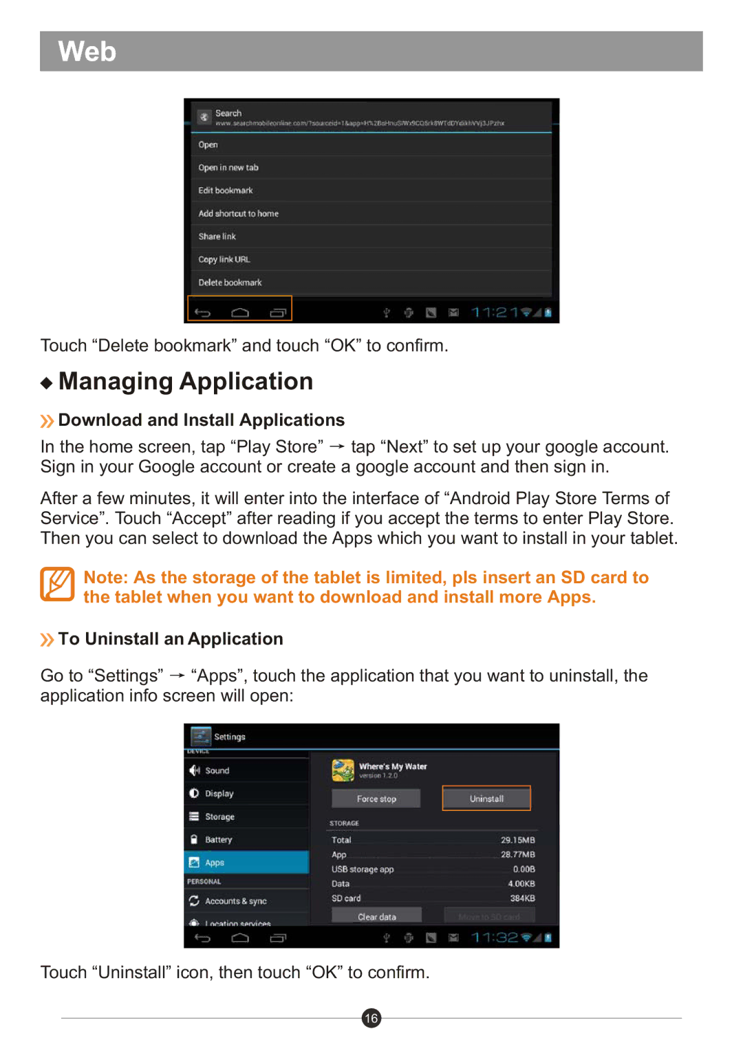 Sungale ID436WTA user manual Managing Application, Download and Install Applications, To Uninstall an Application 