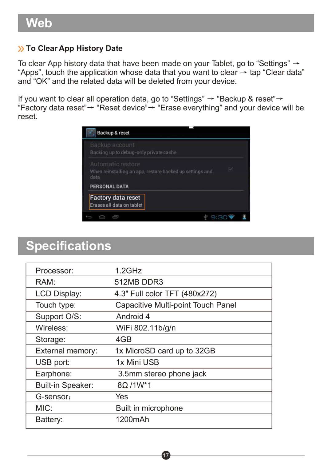 Sungale ID436WTA user manual Specifications, To Clear App History Date 