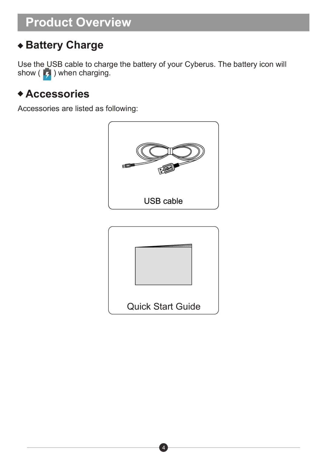 Sungale ID436WTA user manual Battery Charge, Accessories 