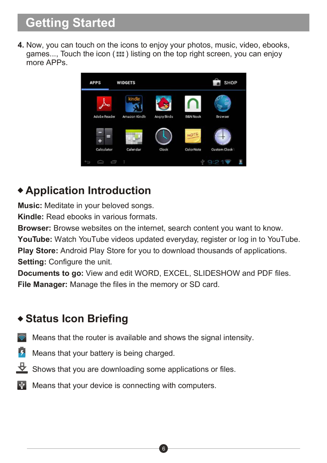 Sungale ID436WTA user manual Application Introduction, Status Icon Briefing 