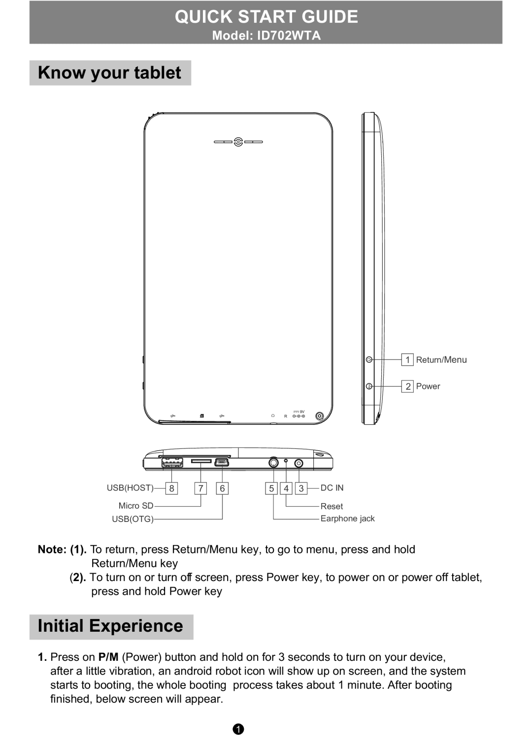 Sungale ID702WTA quick start Know your tablet, Initial Experience 