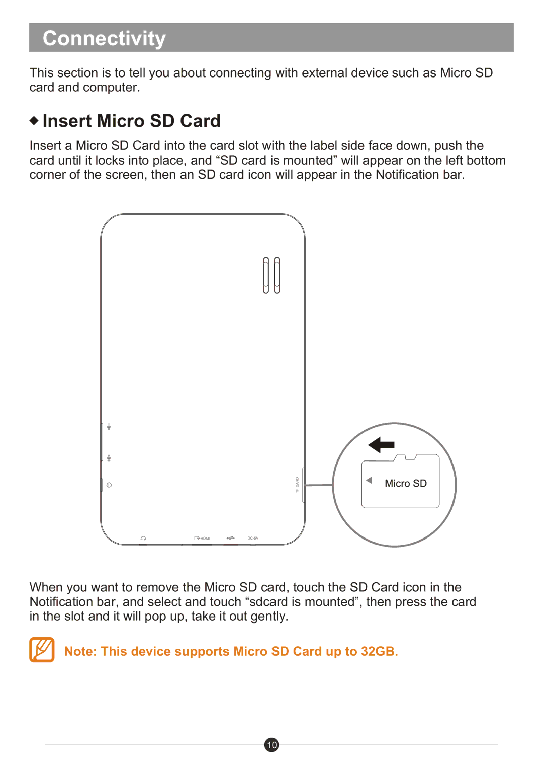 Sungale ID710WTA user manual Connectivity, Insert Micro SD Card 