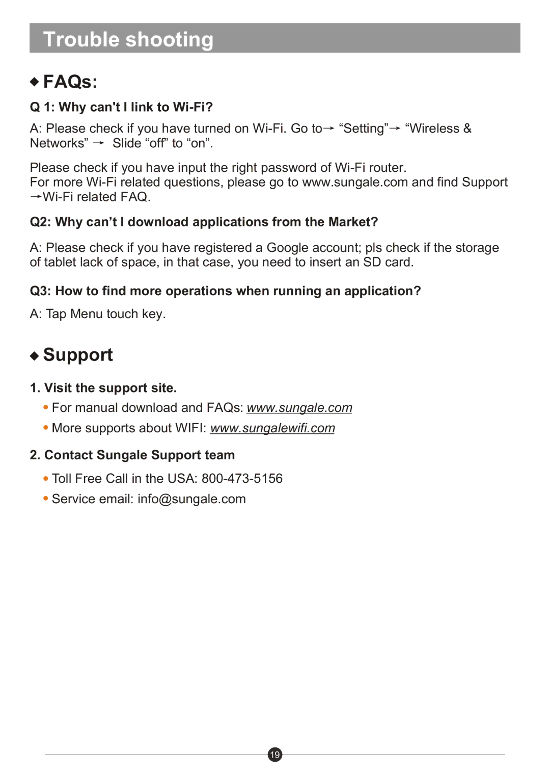 Sungale ID710WTA user manual Trouble shooting, FAQs, Support 