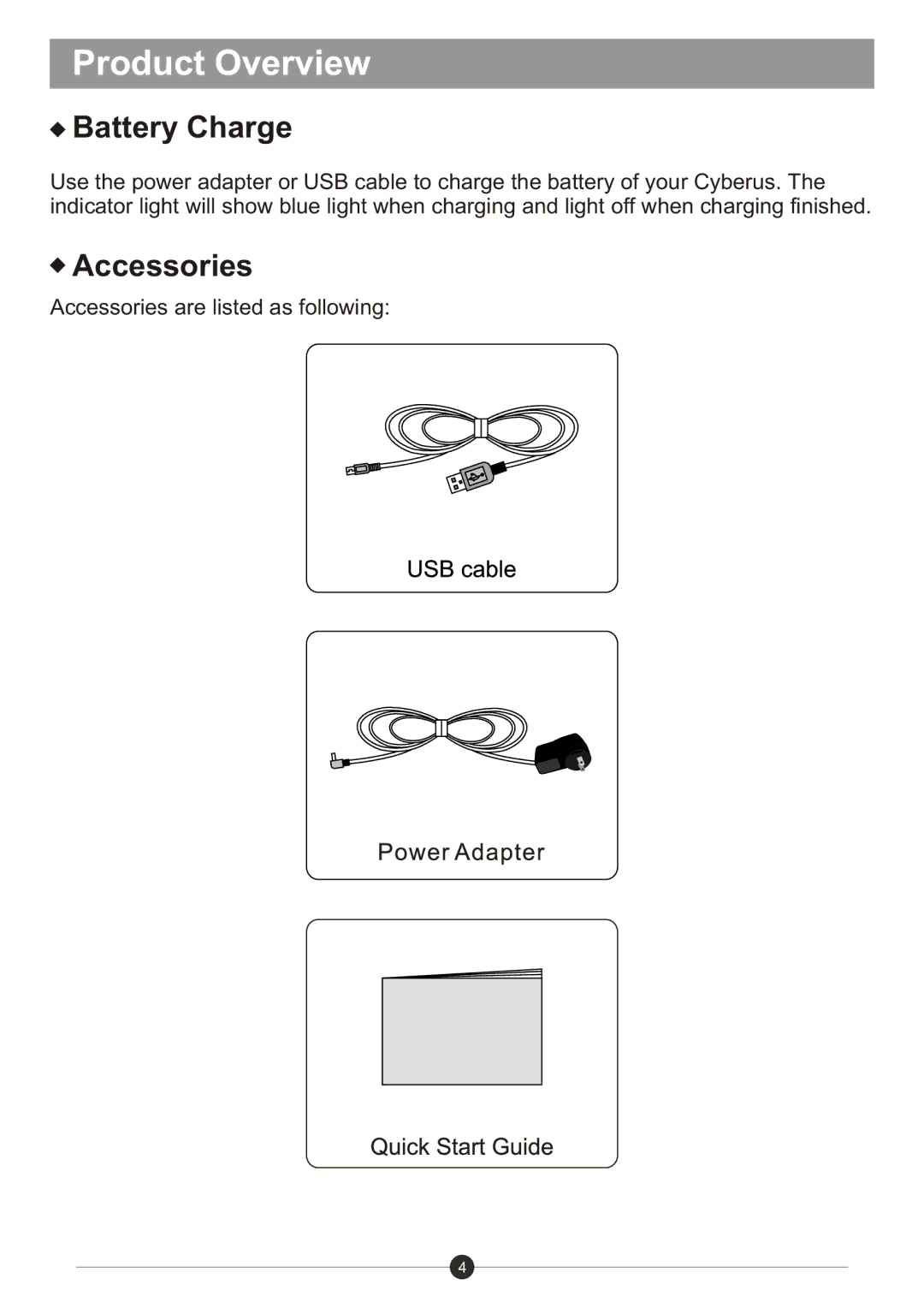 Sungale ID710WTA user manual Battery Charge, Accessories 