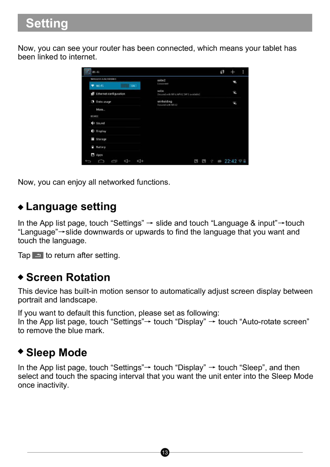 Sungale ID712WTA user manual Language setting, Screen Rotation, Sleep Mode 