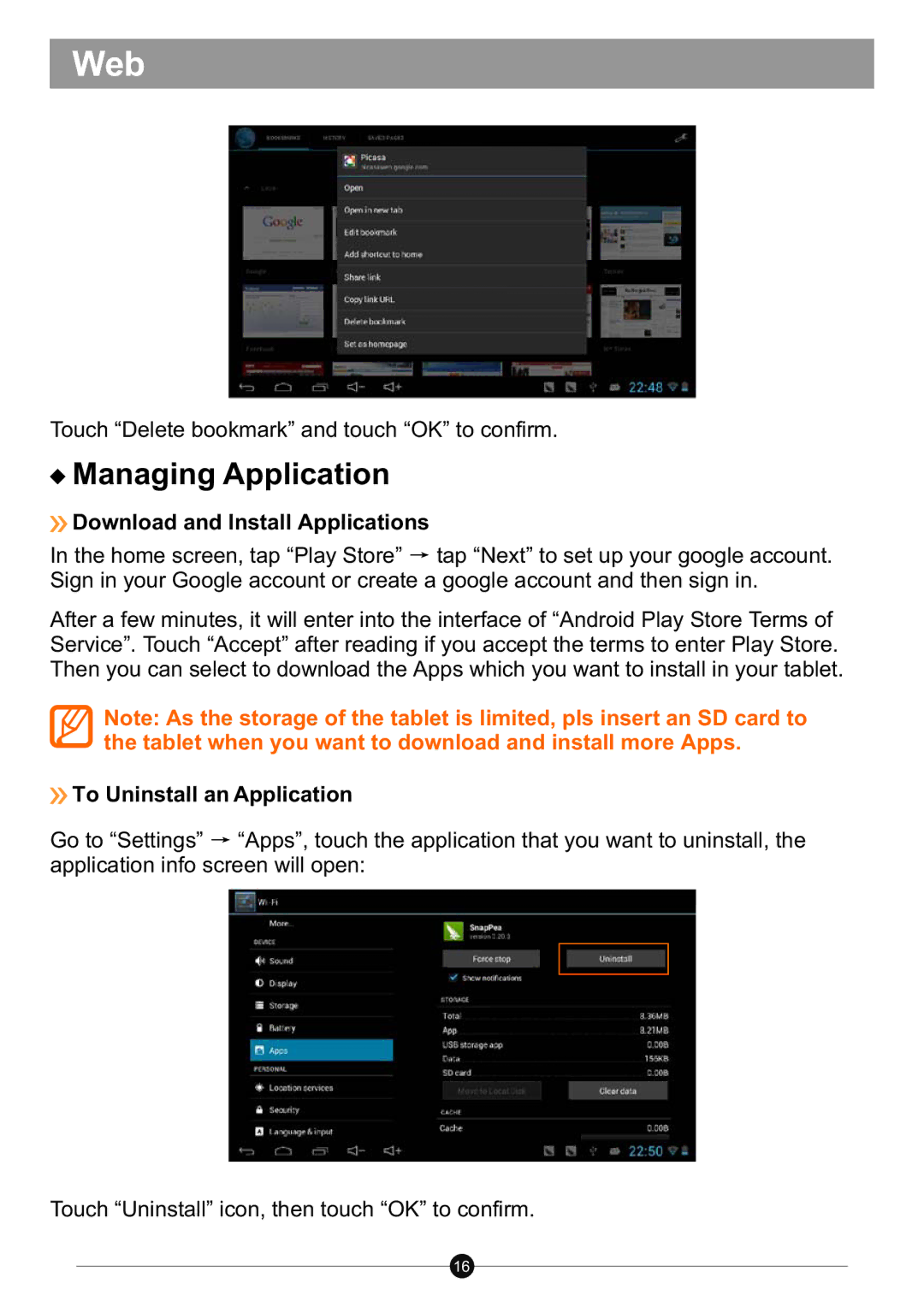 Sungale ID712WTA user manual Managing Application, Download and Install Applications, To Uninstall an Application 