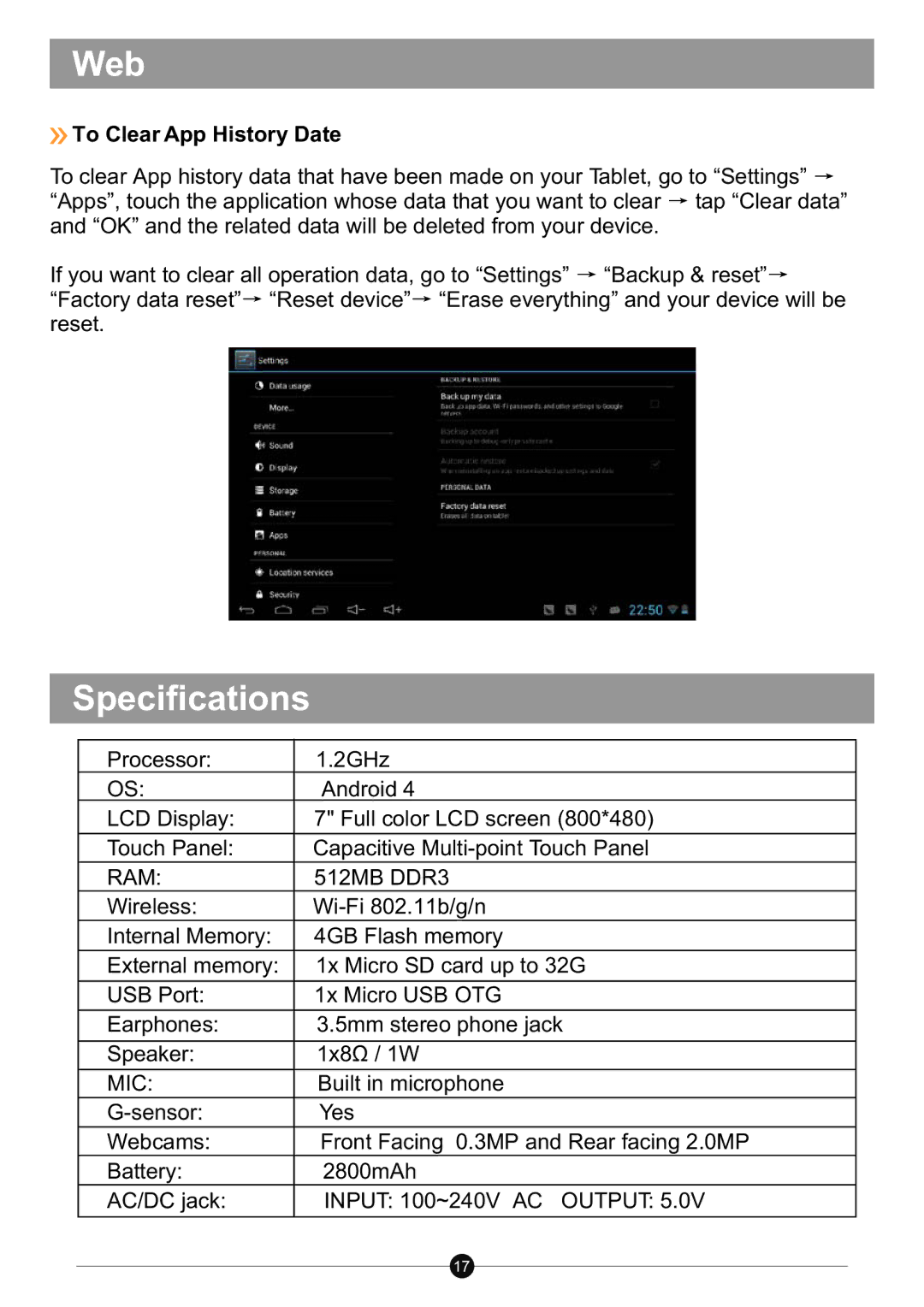 Sungale ID712WTA user manual Specifications, To Clear App History Date 