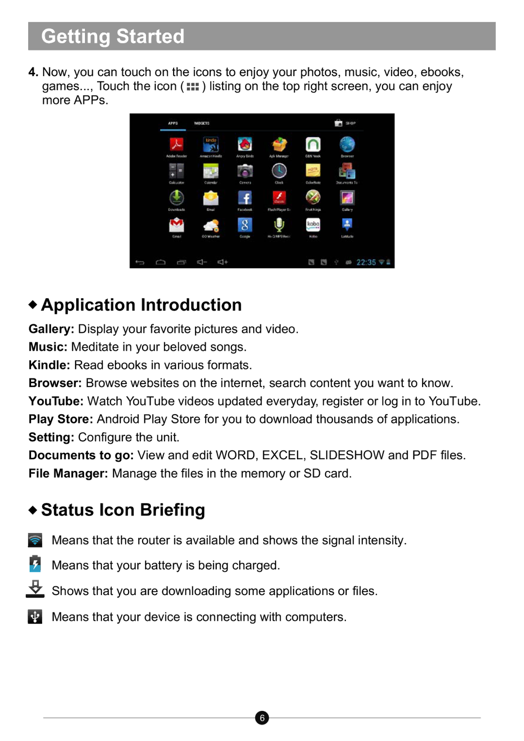 Sungale ID712WTA user manual Application Introduction, Status Icon Briefing 