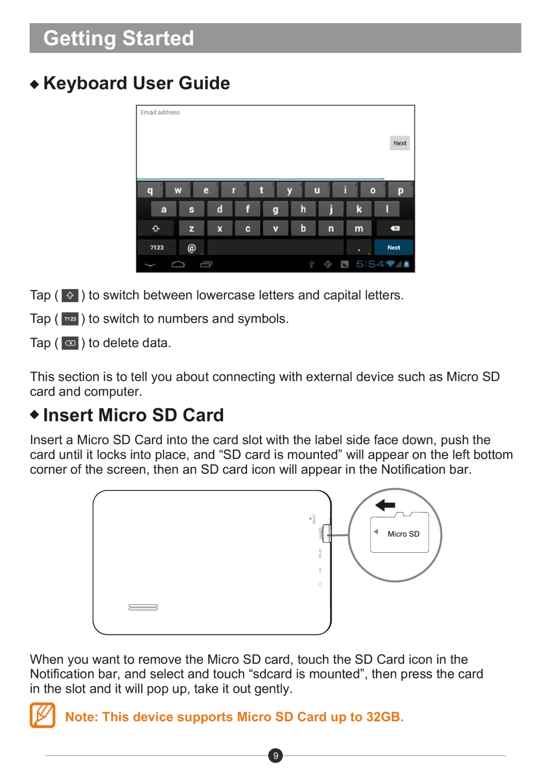 Sungale ID720WTA user manual Keyboard User Guide, Insert Micro SD Card 