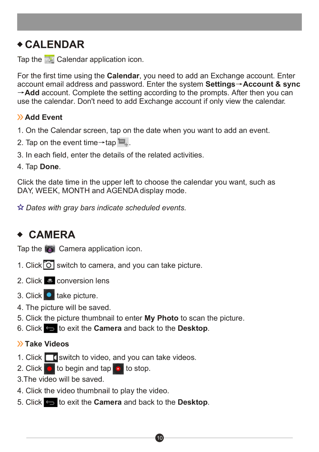 Sungale ID730WTA user manual Calendar, Camera, Add Event, Take Videos 