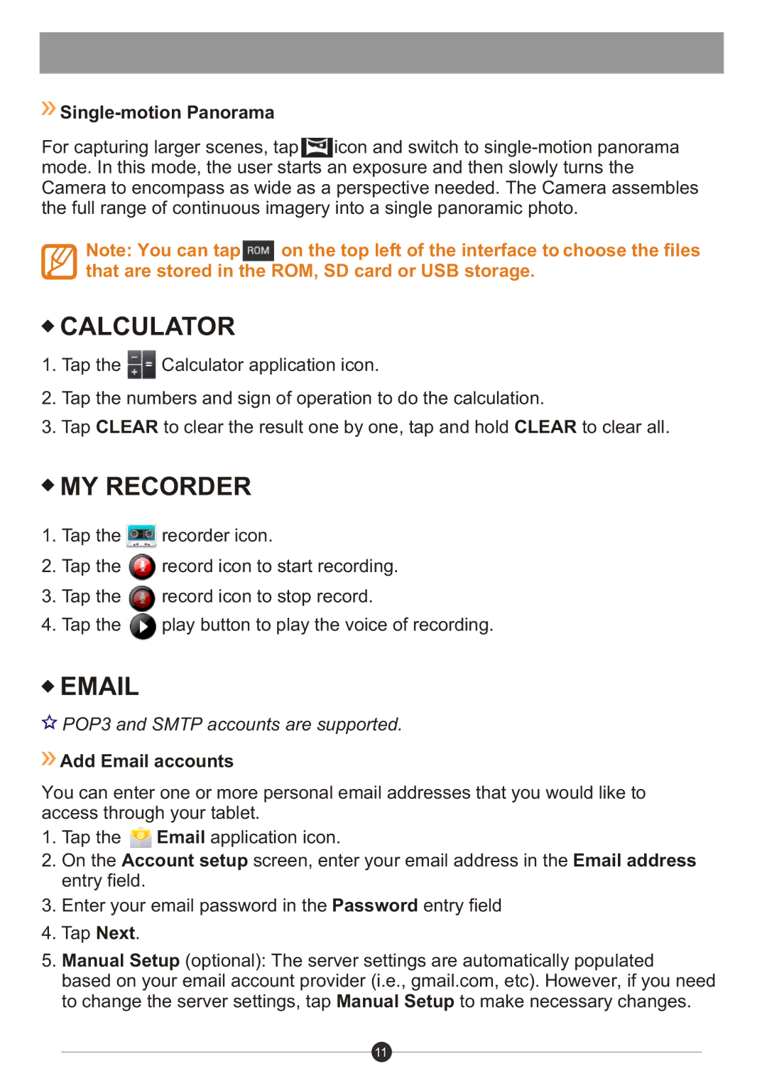 Sungale ID730WTA user manual Calculator, MY Recorder, Single-motion Panorama, Add Email accounts 