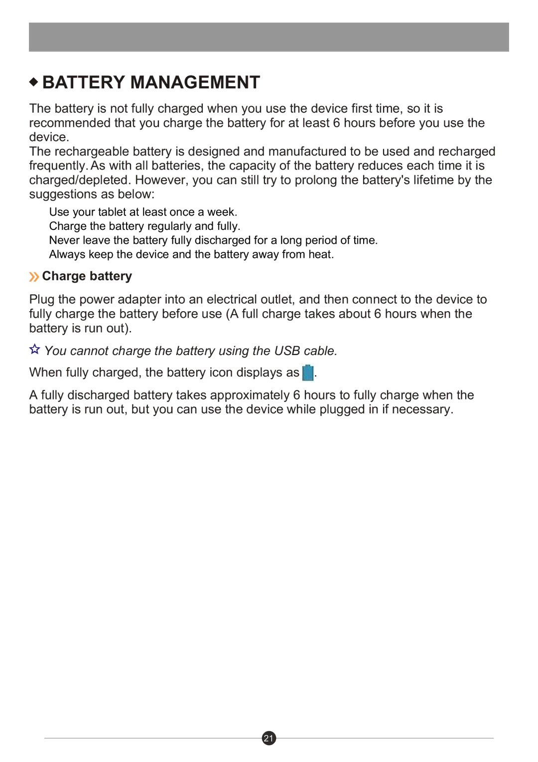 Sungale ID730WTA user manual Battery Management, Charge battery 