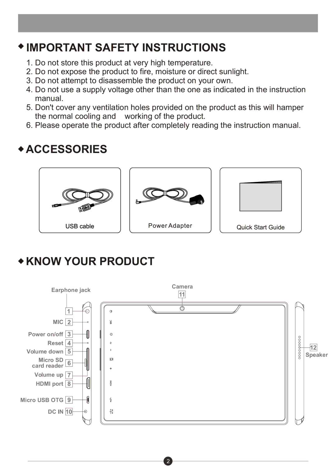 Sungale ID730WTA user manual Important Safety Instructions, Accessories Know Your Product 