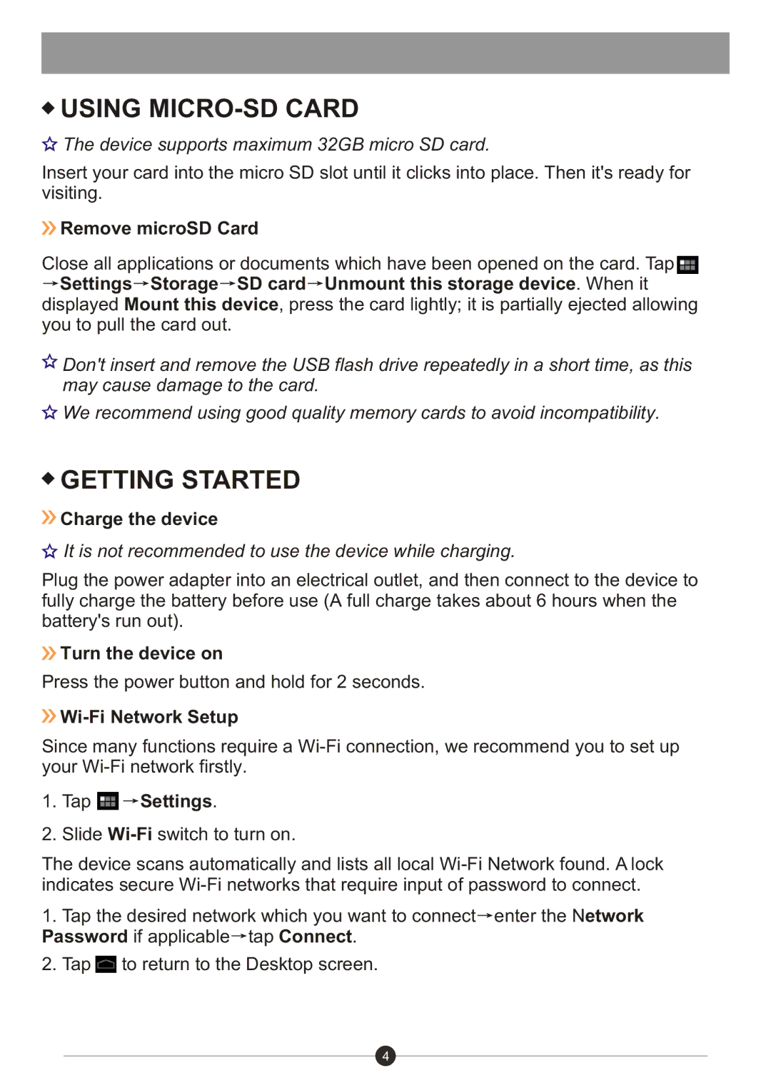 Sungale ID730WTA user manual Using MICRO-SD Card, Getting Started 