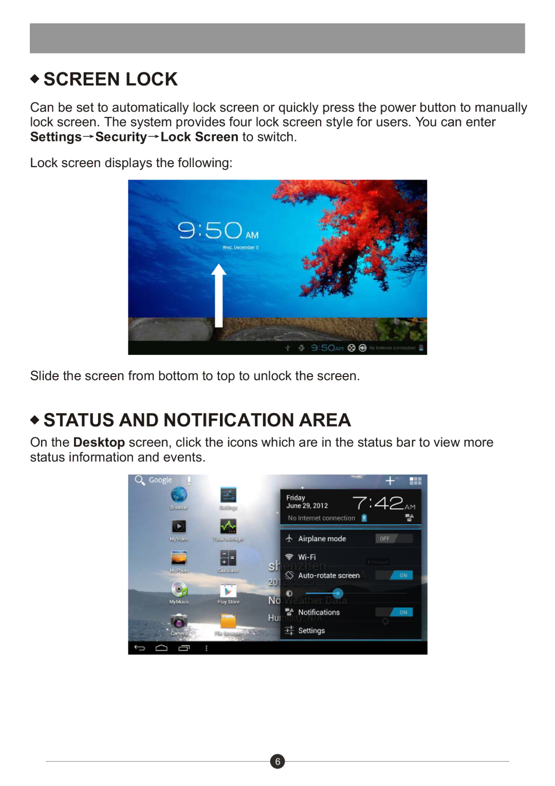 Sungale ID730WTA user manual Screen Lock, Status and Notification Area 