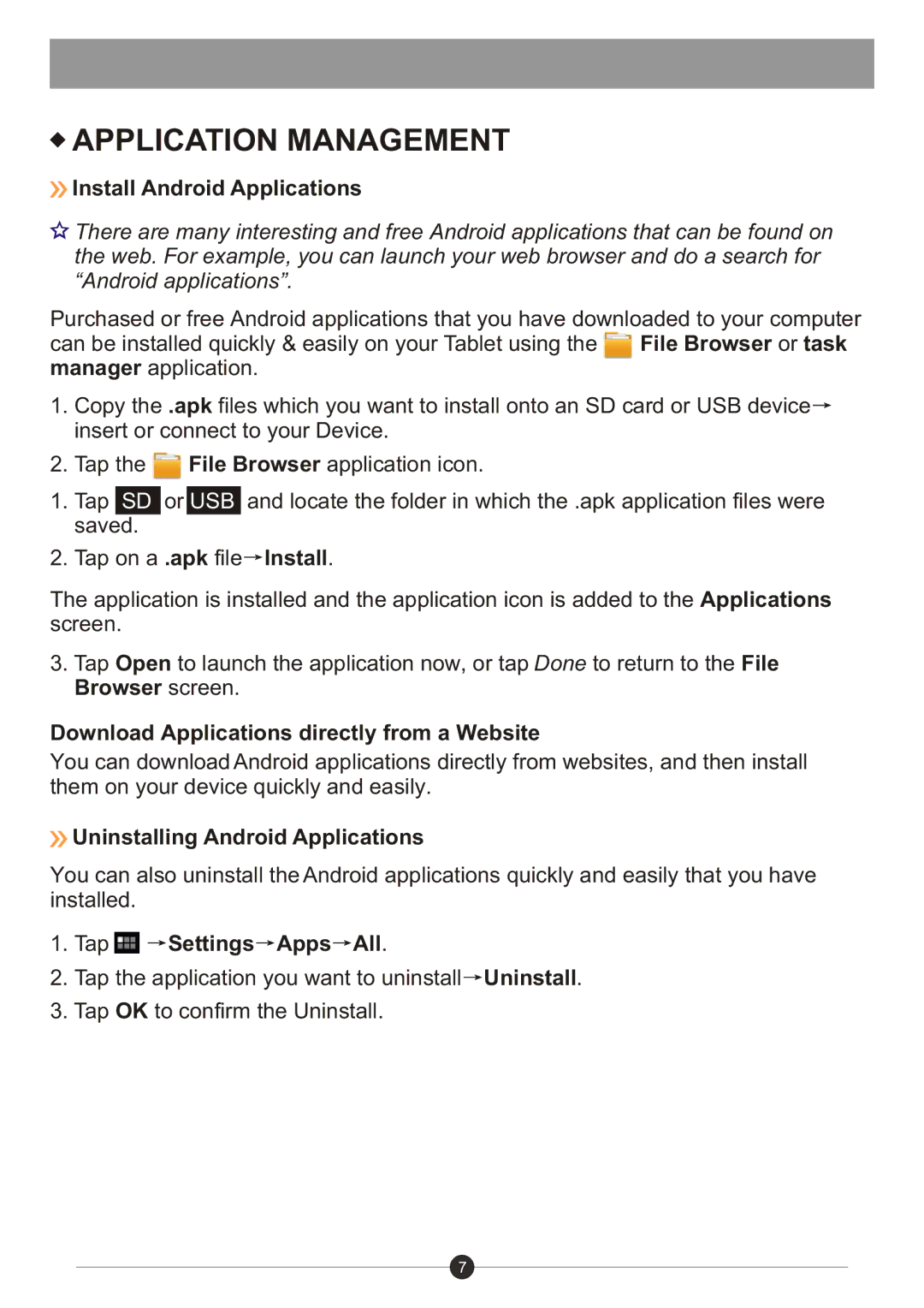 Sungale ID730WTA Application Management, Install Android Applications, Download Applications directly from a Website 