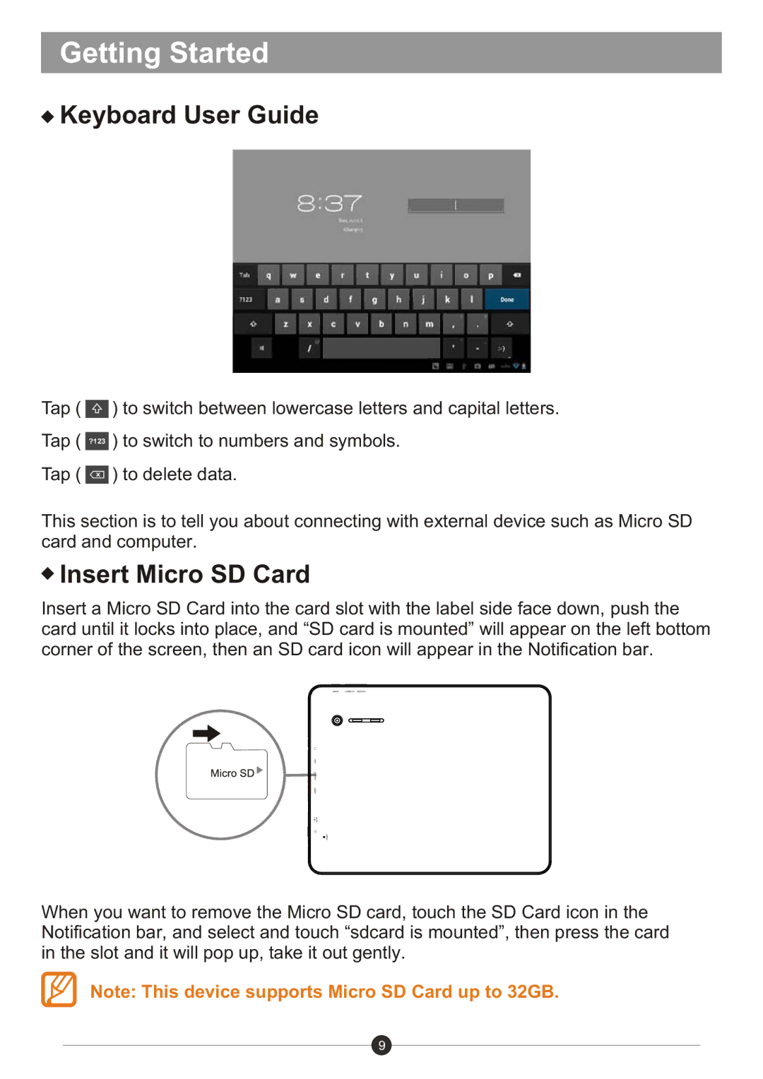 Sungale ID982WTA user manual Keyboard User Guide, Insert Micro SD Card 