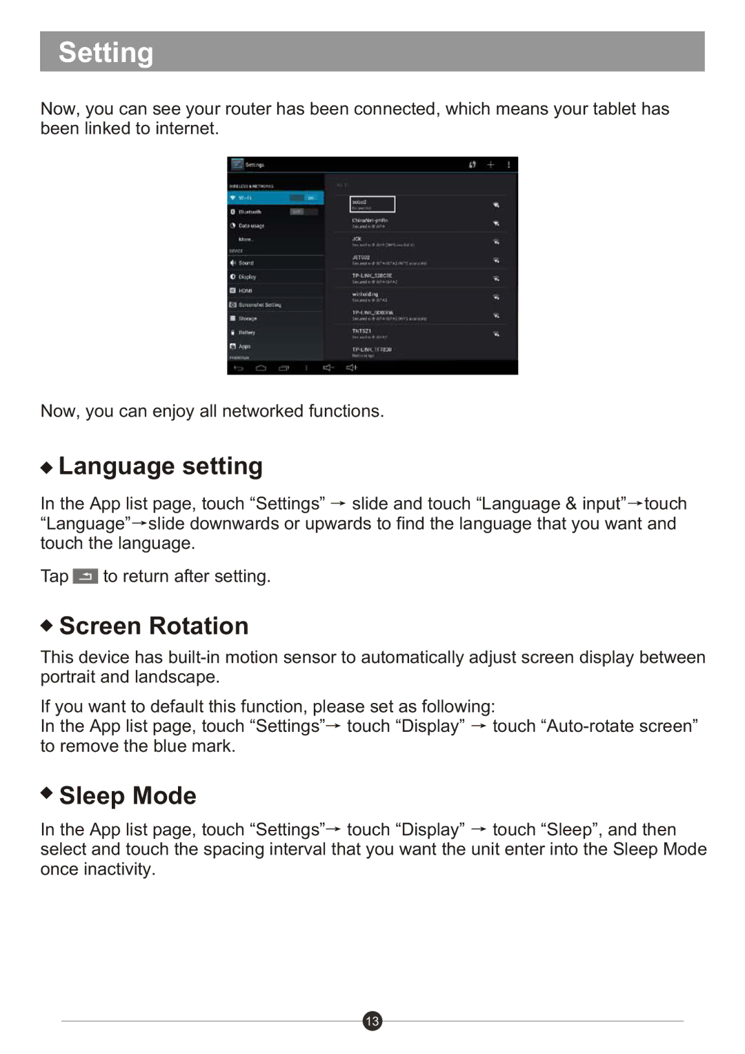 Sungale ID982WTA user manual Language setting, Screen Rotation, Sleep Mode 