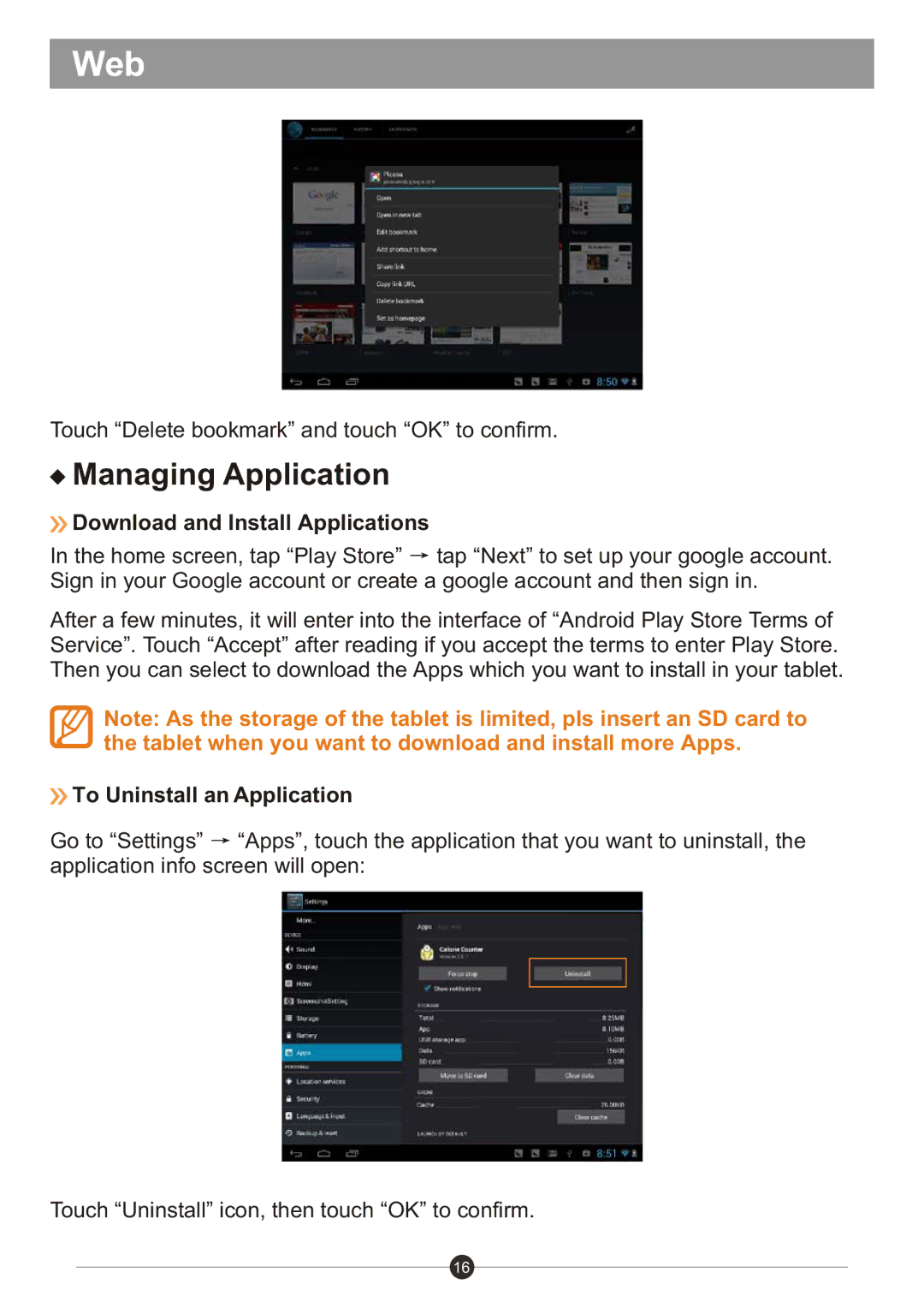 Sungale ID982WTA user manual Managing Application, Download and Install Applications, To Uninstall an Application 