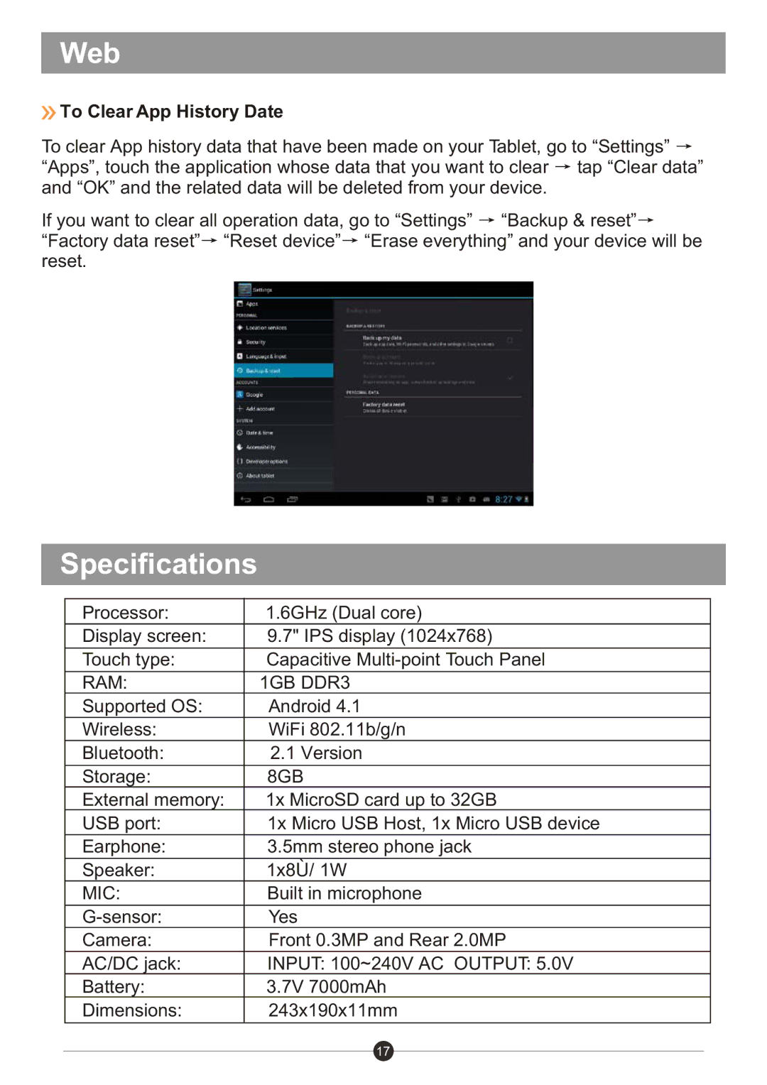 Sungale ID982WTA user manual Specifications, To Clear App History Date 