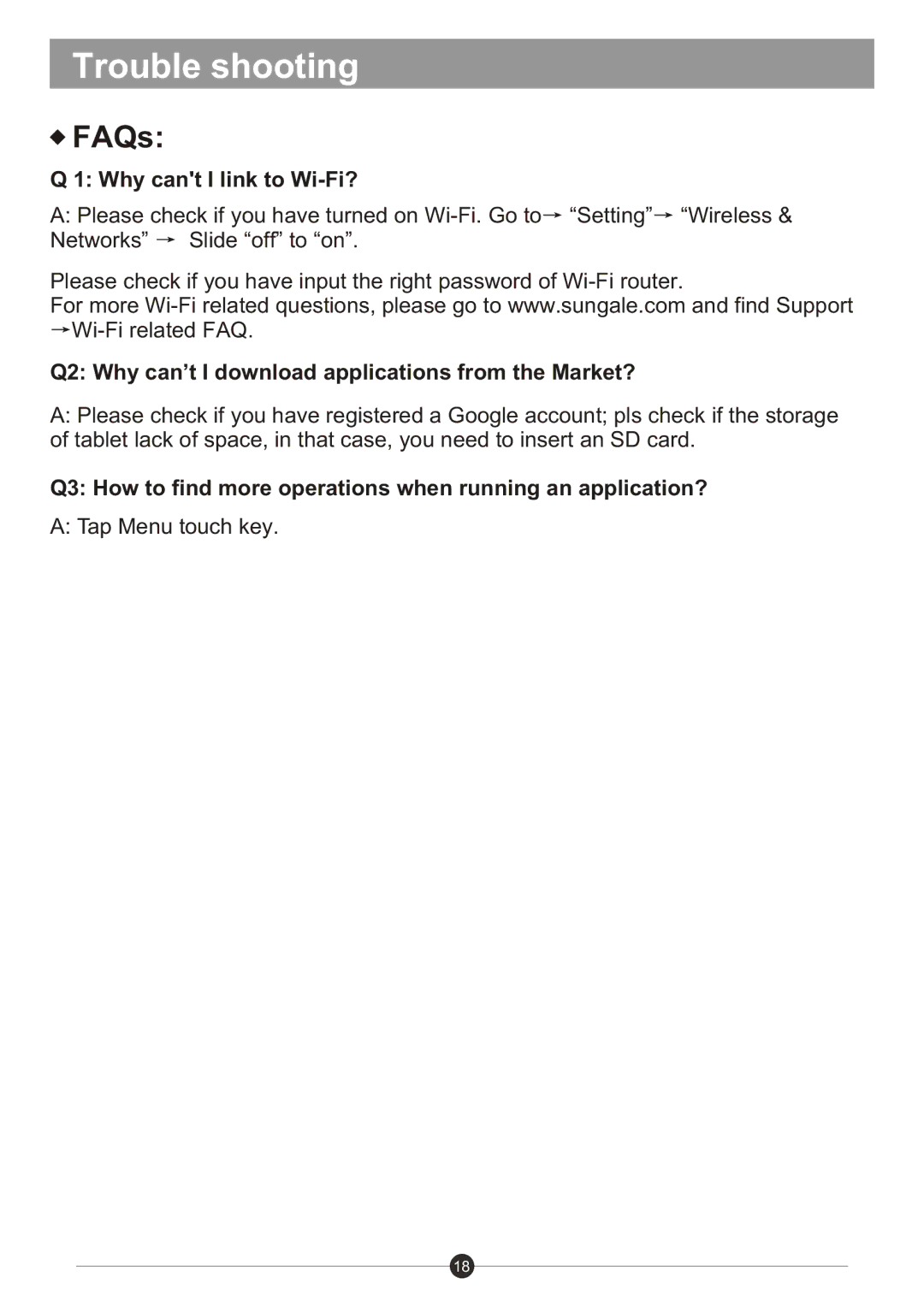 Sungale ID982WTA Trouble shooting, FAQs, Why cant I link to Wi-Fi?, Q2 Why can’t I download applications from the Market? 