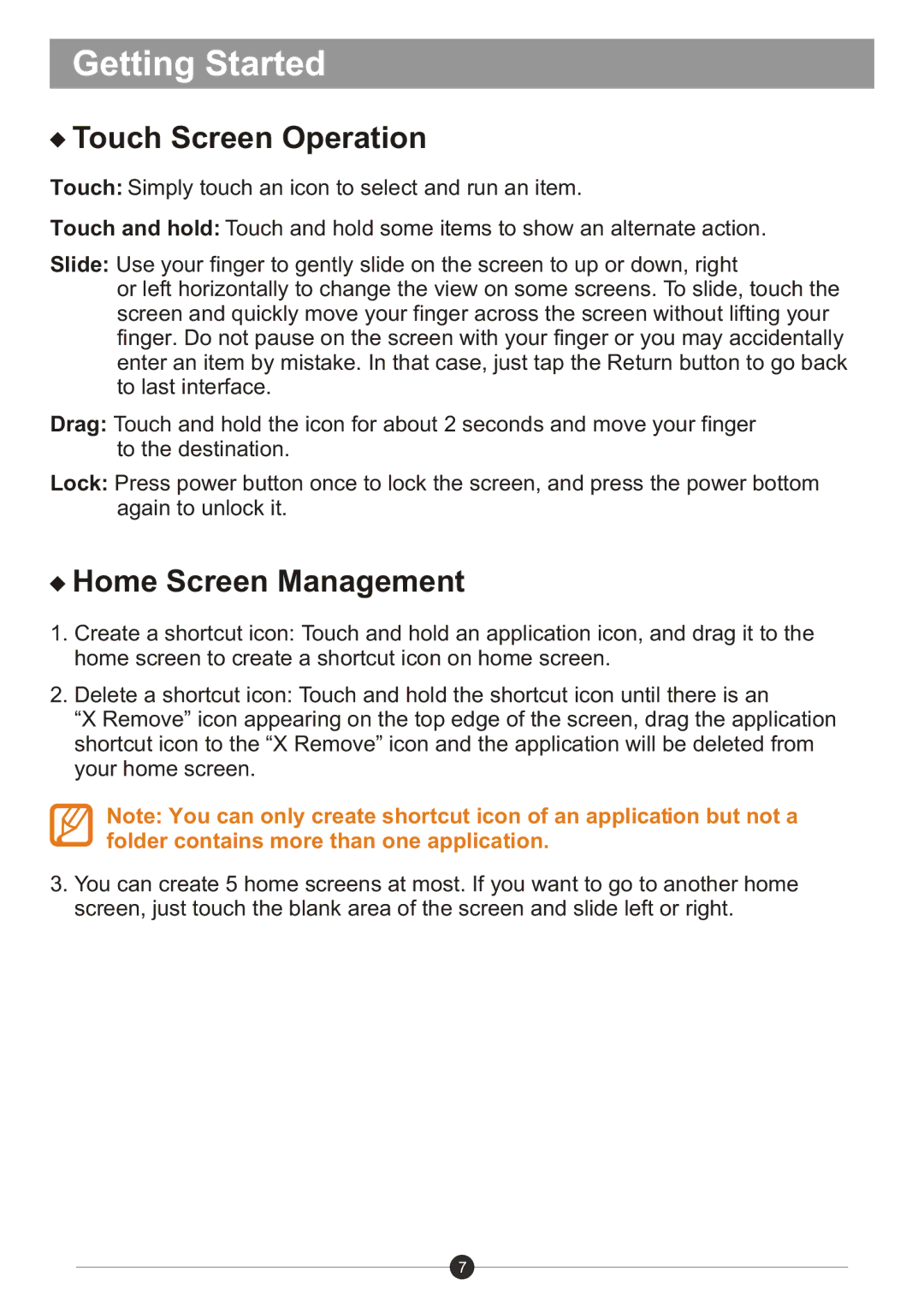 Sungale ID982WTA user manual Touch Screen Operation, Home Screen Management 