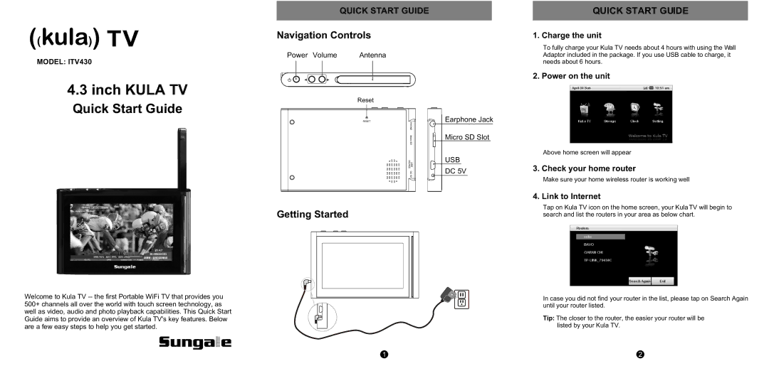 Sungale ITV430 quick start Navigation Controls, Getting Started 