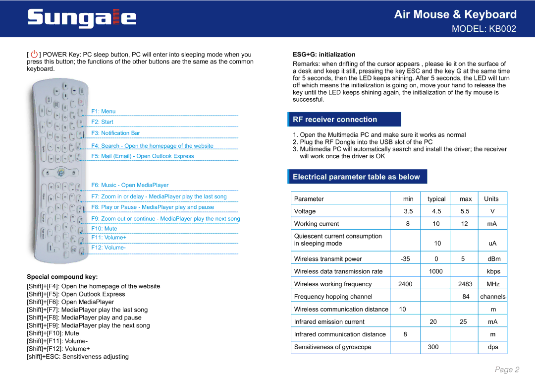 Sungale KB002 RF receiver connection, Electrical parameter table as below, Special compound key, ESG+G initialization 