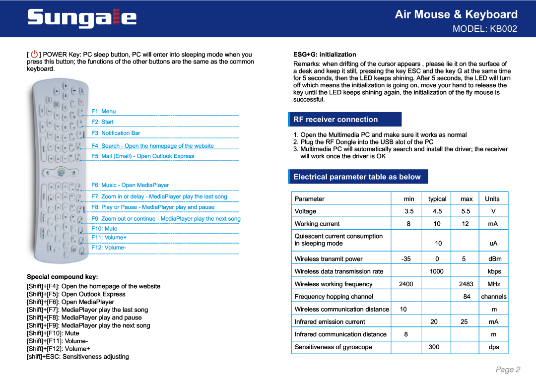 Sungale manual RF receiver connection, Electrical parameter table as below, Air Mouse & Keyboard, MODEL KB002, Page 