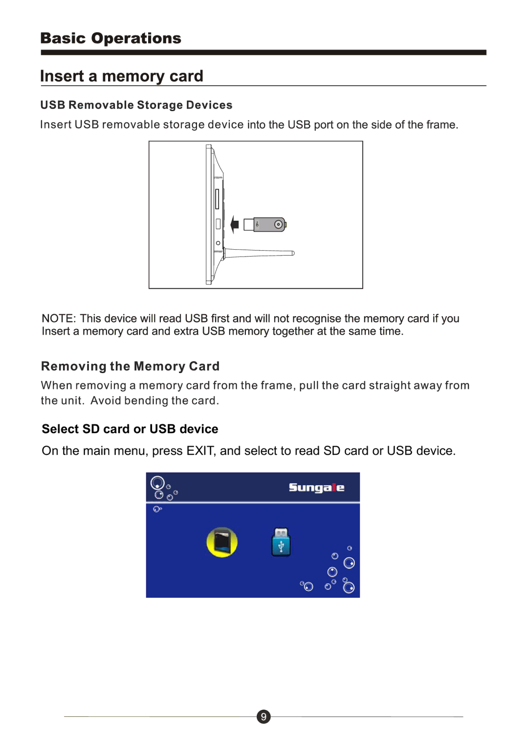 Sungale PF1025 manual Select SD card or USB device 