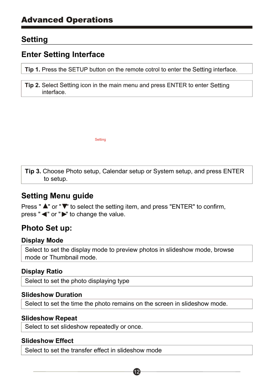 Sungale PF1025 manual Setting Enter Setting Interface, Setting Menu guide, Photo Set up 