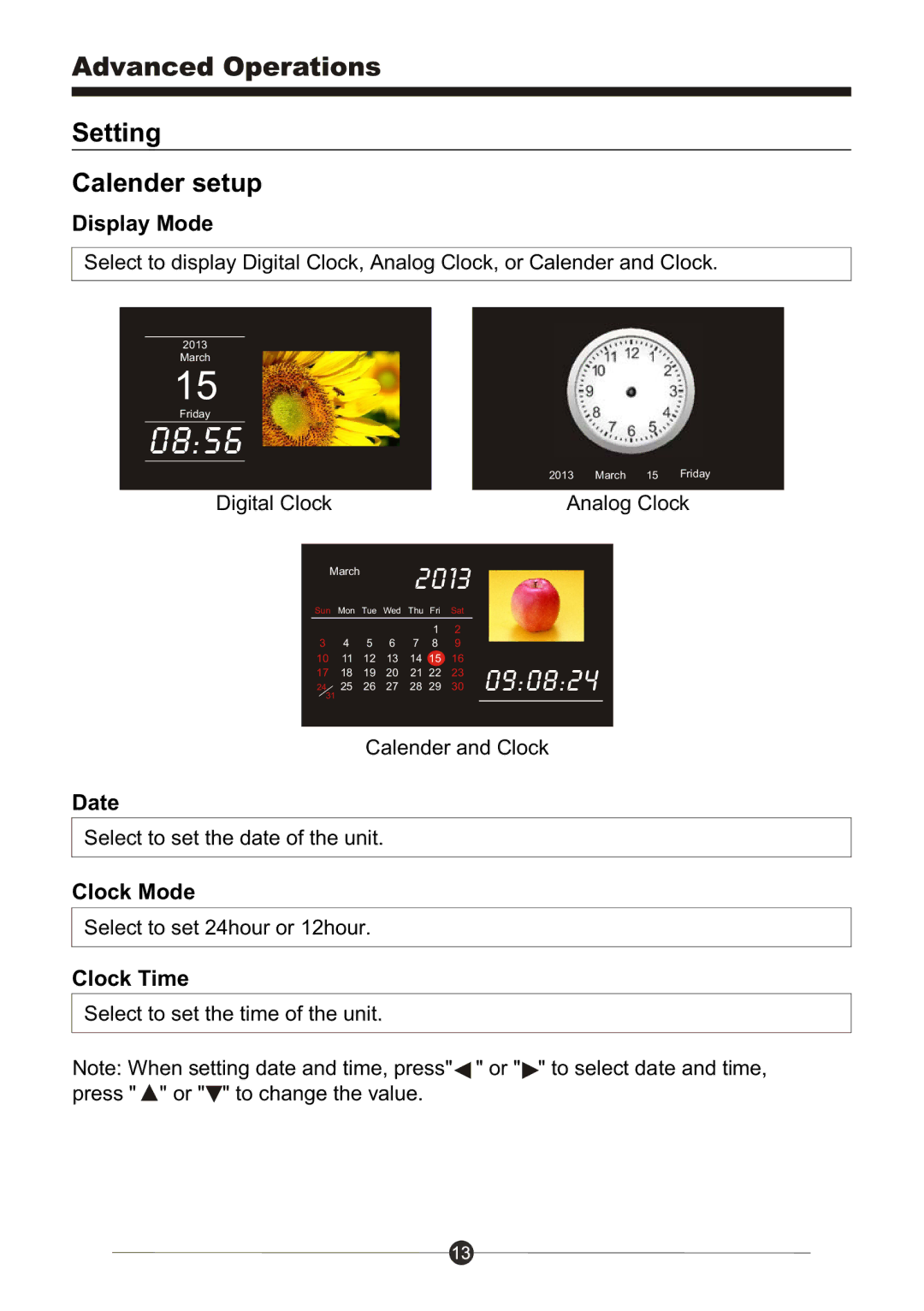 Sungale PF1025 manual 0856, Setting Calender setup 