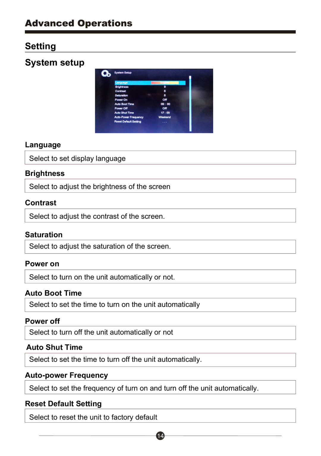 Sungale PF1025 manual Setting System setup, Reset Default Setting 