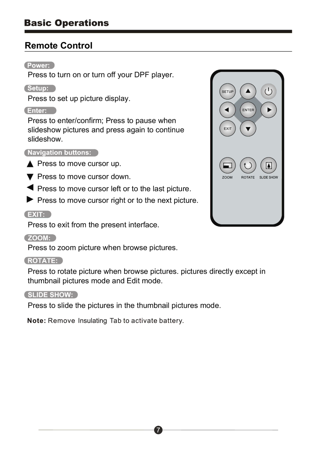 Sungale PF1025 manual Remote Control 