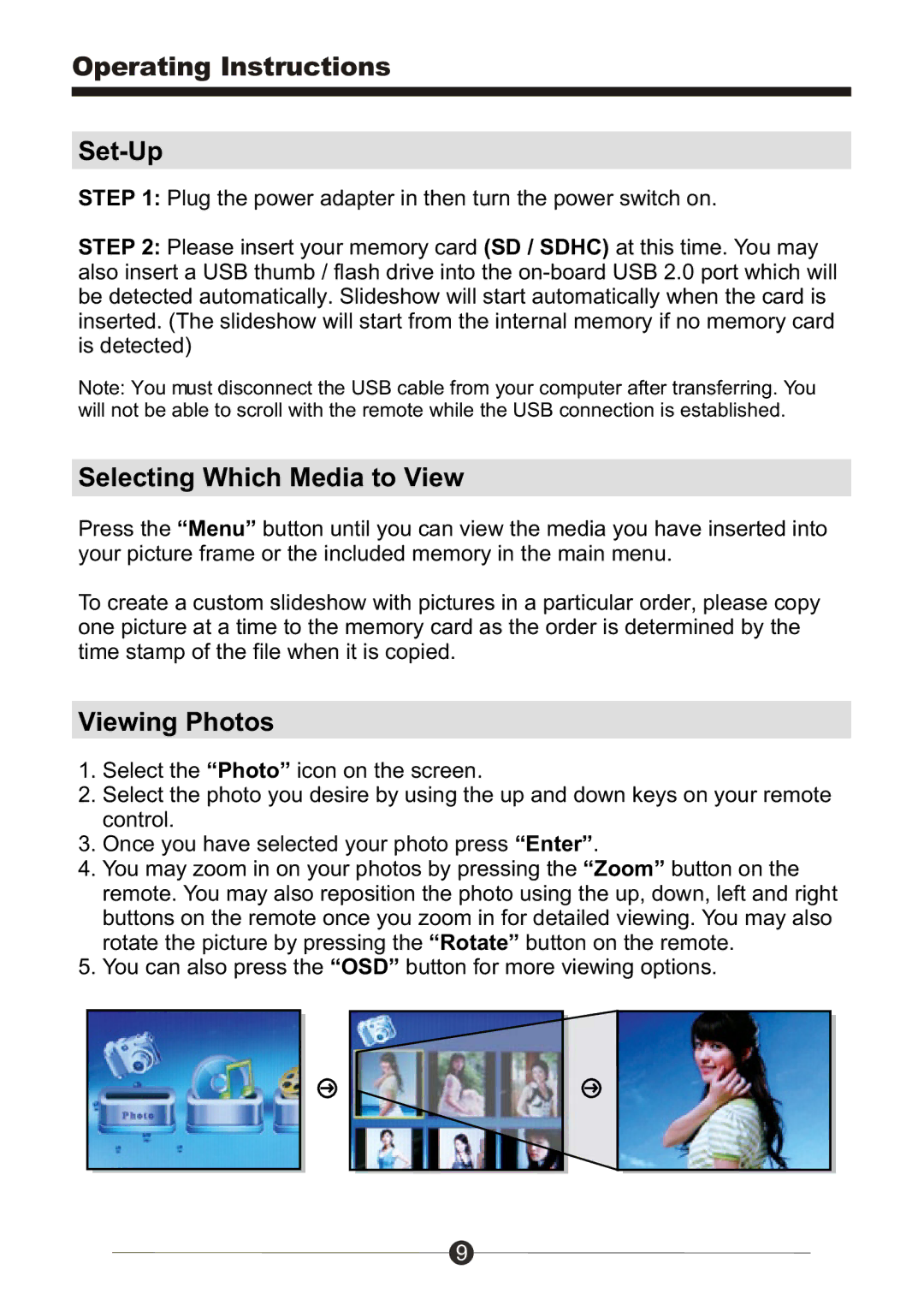 Sungale PF1501 manual Set-Up, Selecting Which Media to View, Viewing Photos 