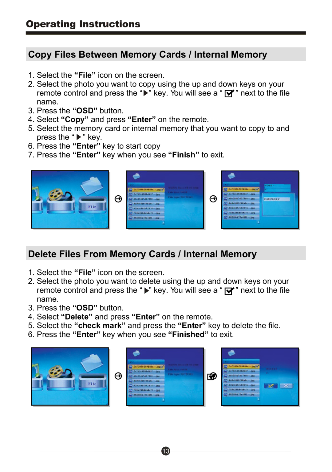 Sungale PF1501 manual Copy Files Between Memory Cards / Internal Memory, Delete Files From Memory Cards / Internal Memory 