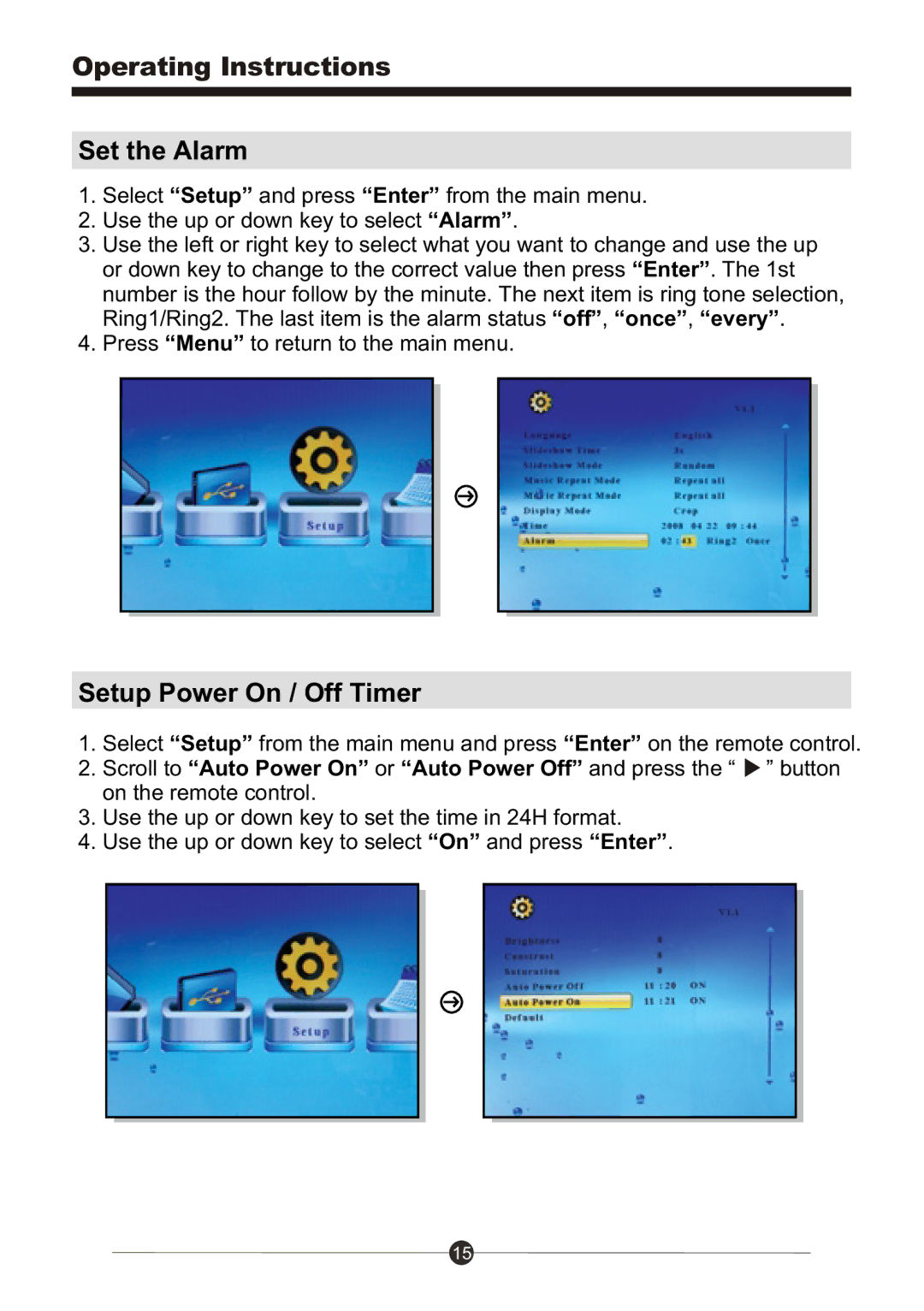 Sungale PF1501 manual Set the Alarm, Setup Power On / Off Timer 