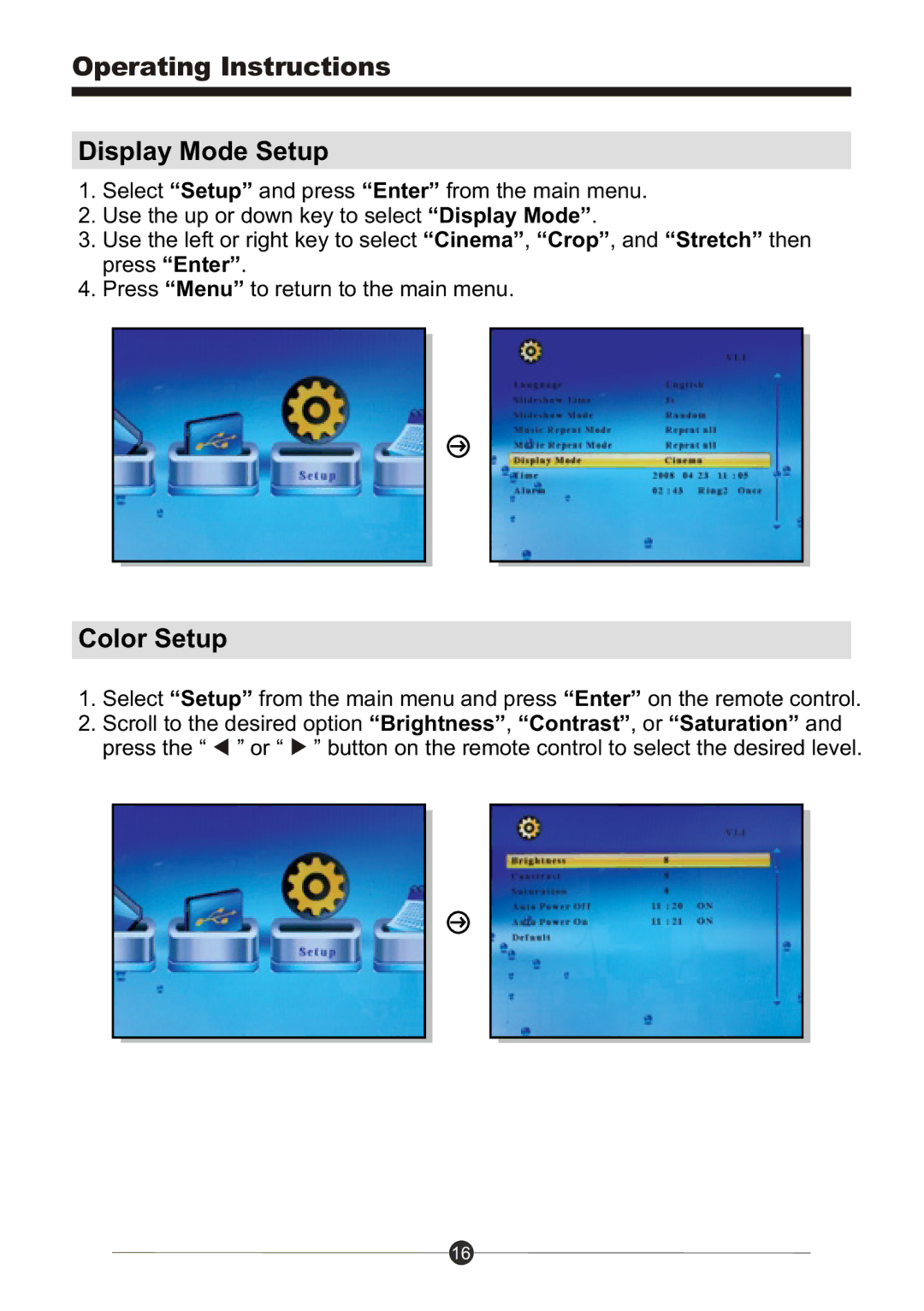 Sungale PF1501 manual Display Mode Setup, Color Setup 