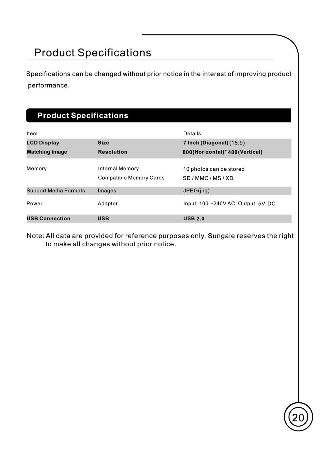 Sungale PF701 manual 