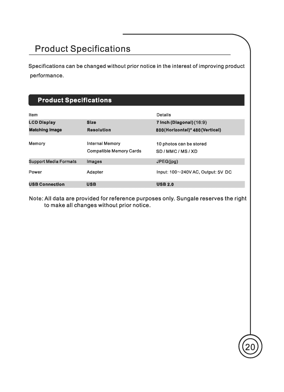 Sungale PF703 manual 