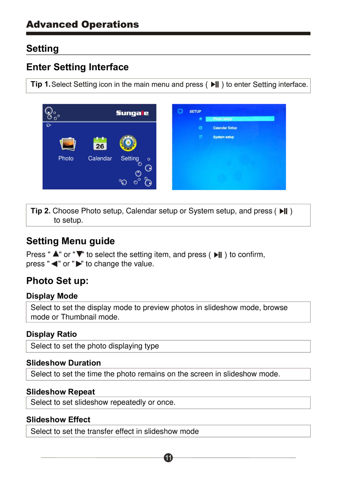 Sungale PF709 manual Setting Enter Setting Interface, Setting Menu guide, Photo Set up 