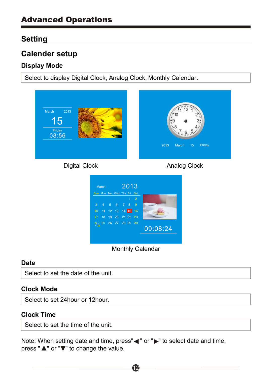 Sungale PF709 manual Setting Calender setup 