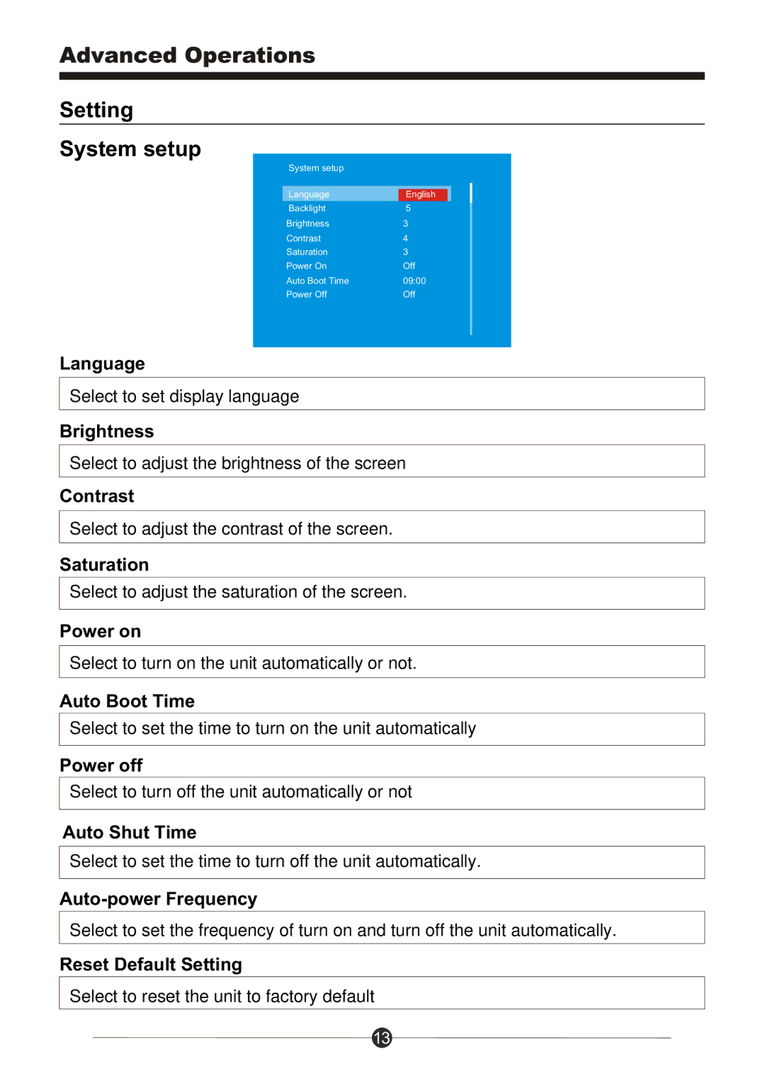 Sungale PF709 manual Setting System setup, Reset Default Setting 